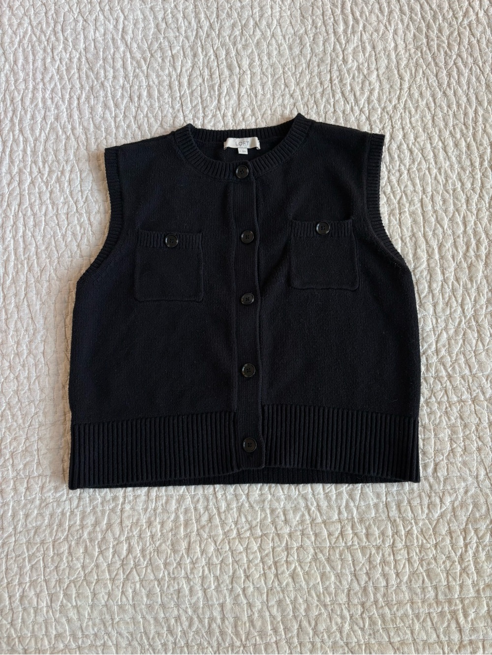 LOFT Black Button-Front Knit Sleeveless Sweater Top